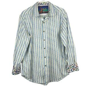 Robert Graham Motel Cafe Dine A Ville Stripe Flip Cuff Classic Fit Dress Shirt L